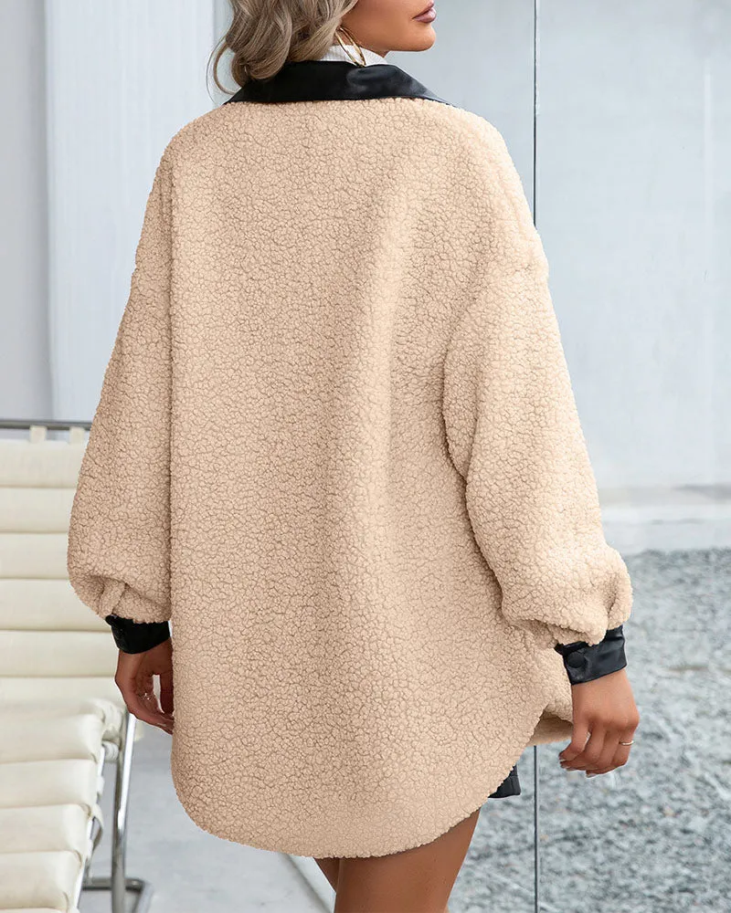 PU Leather Patch Button Front Teddy Shacket