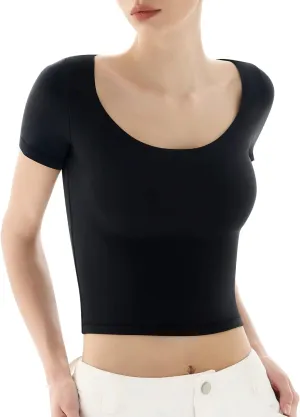 PUMIEY Women's Scoop Neck Short Sleeve T Shirt Slim Fit Sexy Tops Smoke Cloud Collection