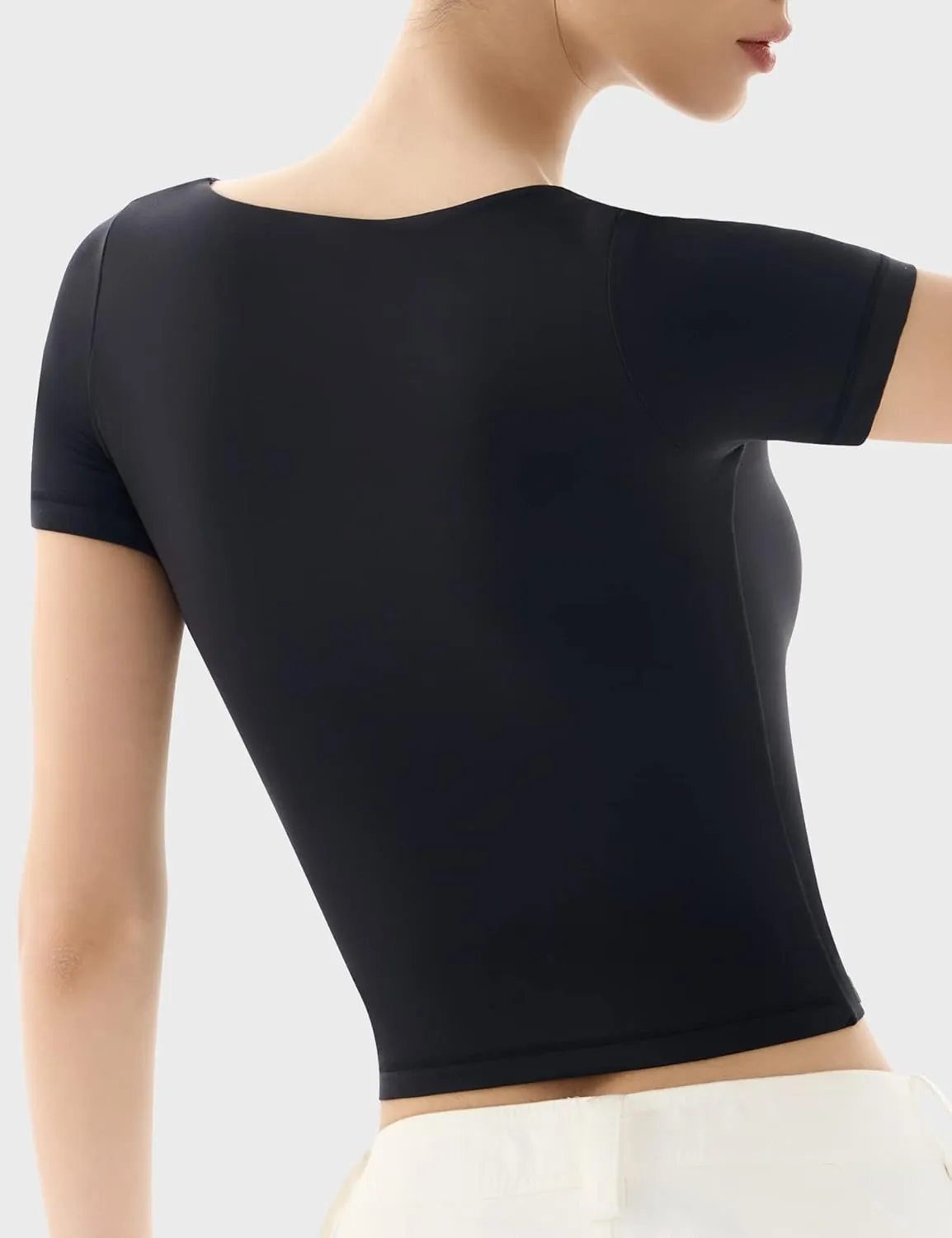 PUMIEY Women's Scoop Neck Short Sleeve T Shirt Slim Fit Sexy Tops Smoke Cloud Collection