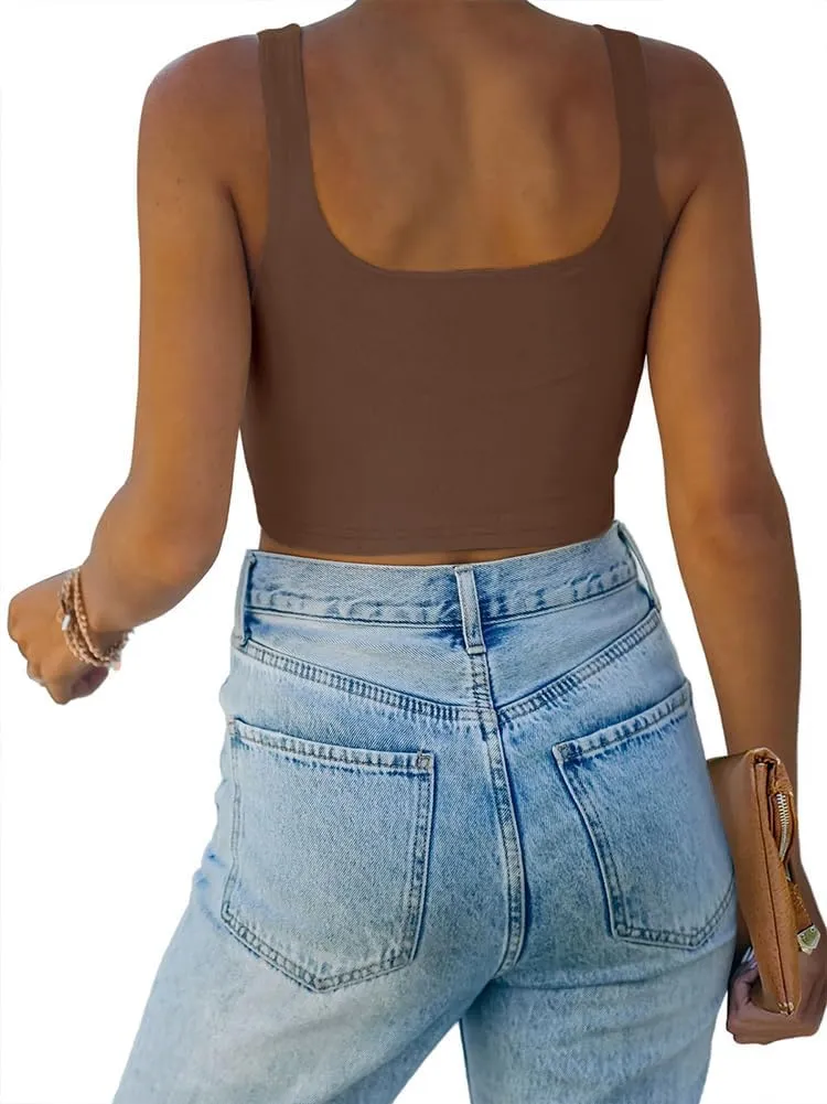 REORIA Womens Sexy Square Neck Double Lined Seamless Sleeveless Cropped Tank Yoga Crop Basic Tops