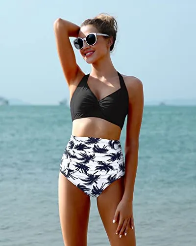 Retro 50S Sweetheart Neckline High Waisted Bikini Set-Black Palm Tree