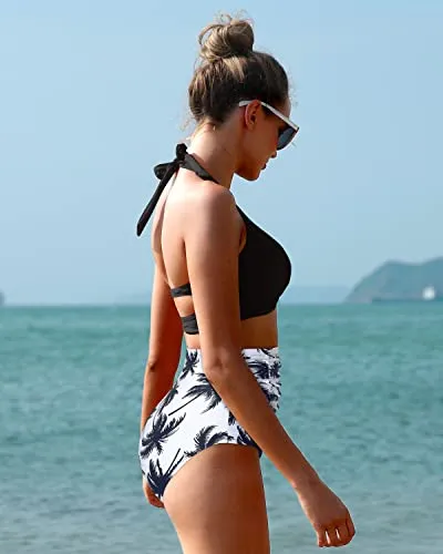 Retro 50S Sweetheart Neckline High Waisted Bikini Set-Black Palm Tree