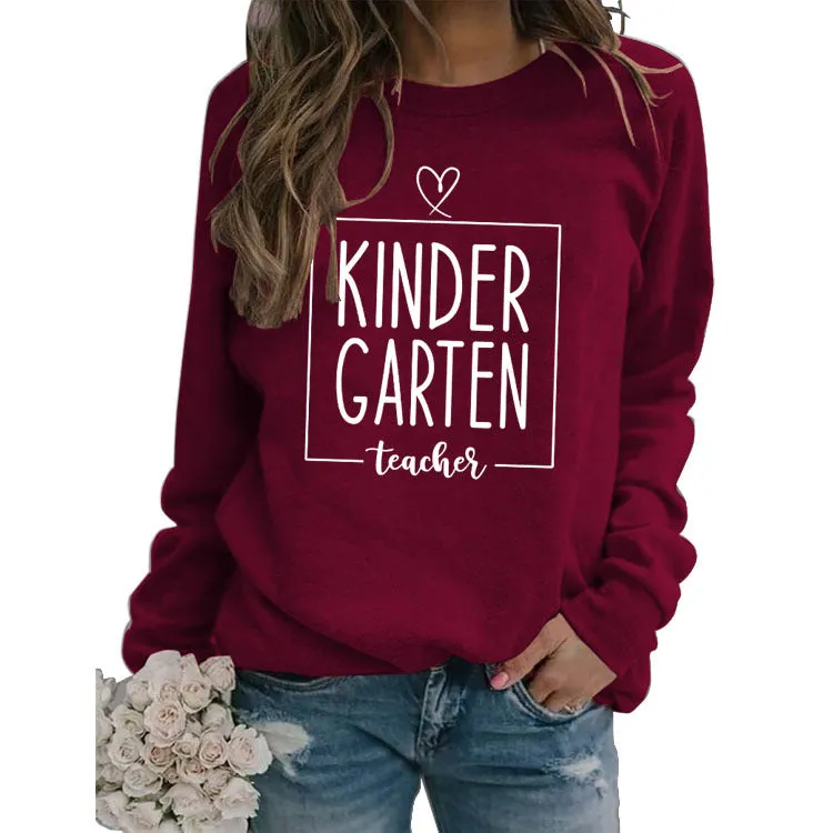 Round Neck Top Long Sleeve KINDER GARTEN Print Loose Sweatshirt