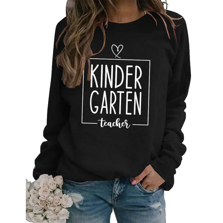 Round Neck Top Long Sleeve KINDER GARTEN Print Loose Sweatshirt