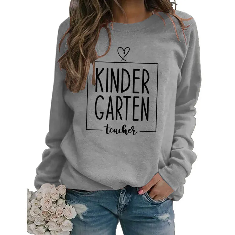 Round Neck Top Long Sleeve KINDER GARTEN Print Loose Sweatshirt