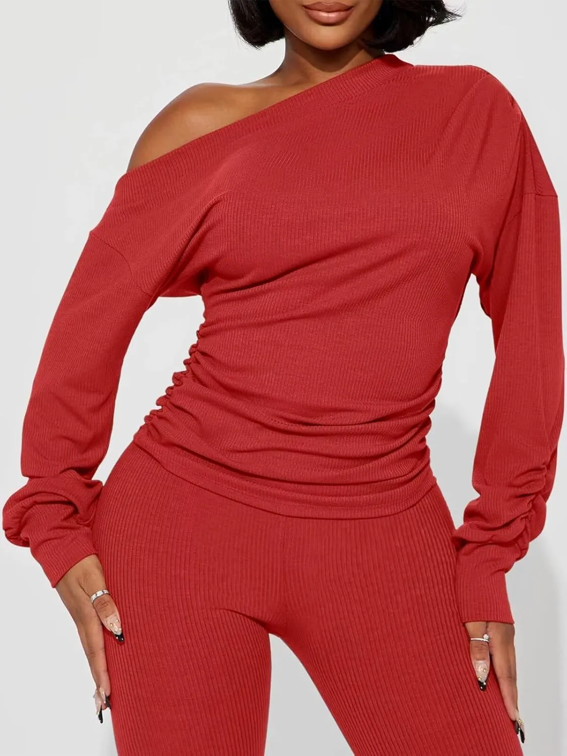 Sexy 2 Piece Outfits for Women One Off Shoulder Tops Ribbed Pant Set Tracksuit Clubwear