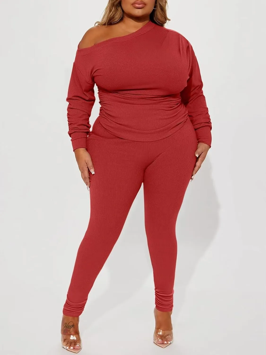 Sexy 2 Piece Outfits for Women One Off Shoulder Tops Ribbed Pant Set Tracksuit Clubwear