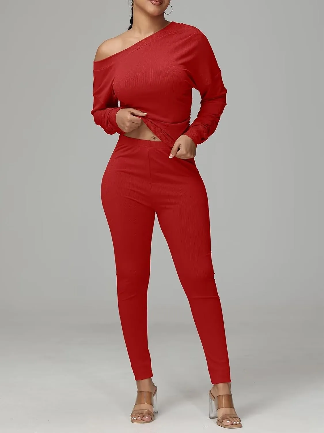 Sexy 2 Piece Outfits for Women One Off Shoulder Tops Ribbed Pant Set Tracksuit Clubwear