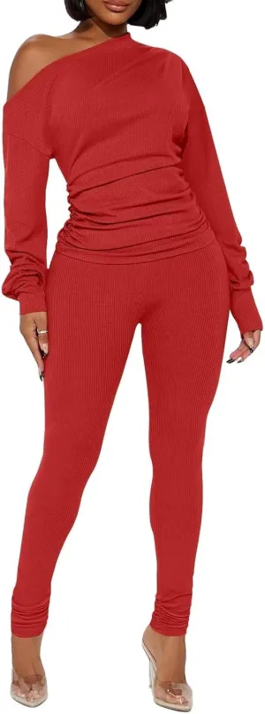 Sexy 2 Piece Outfits for Women One Off Shoulder Tops Ribbed Pant Set Tracksuit Clubwear