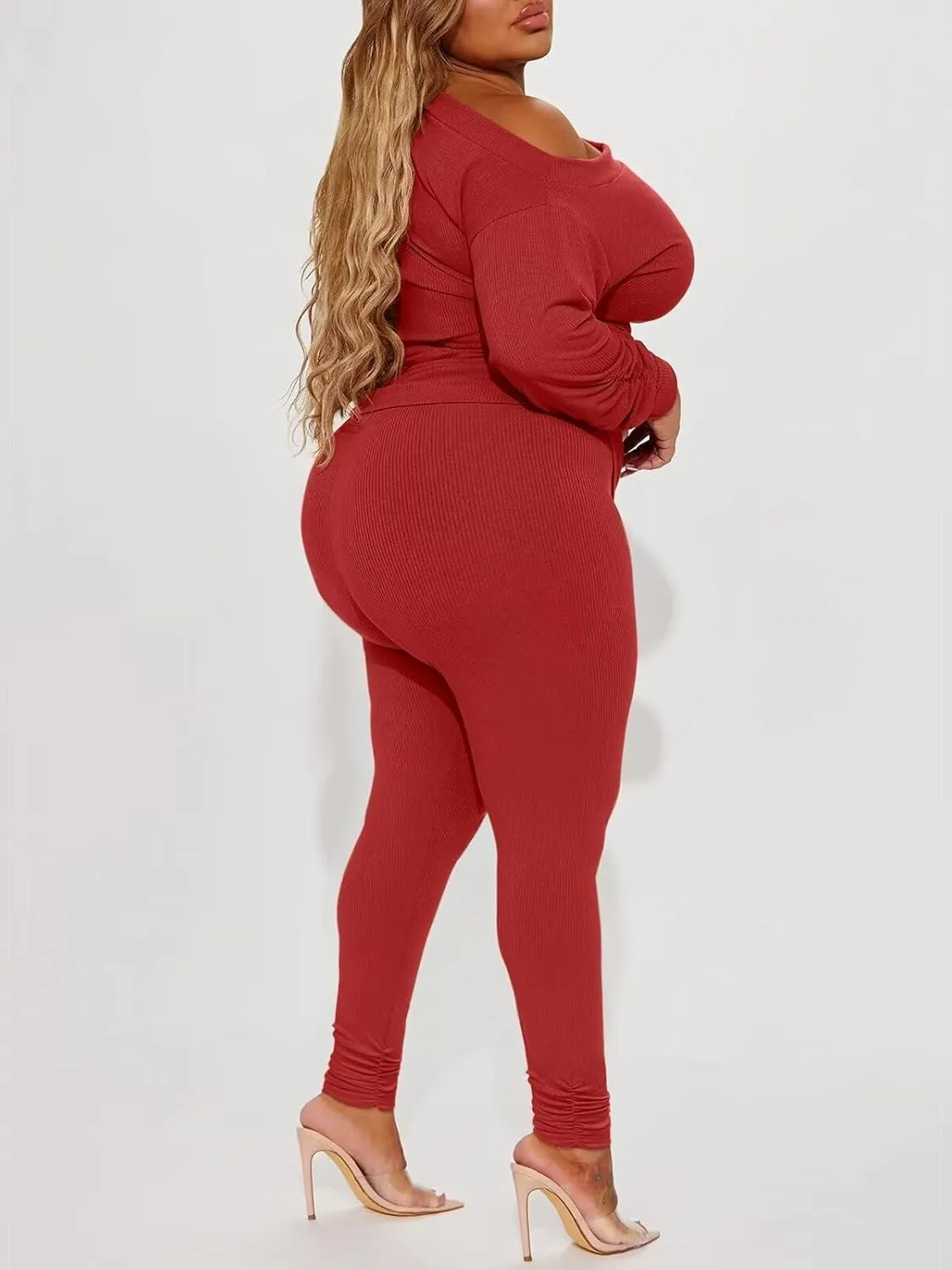 Sexy 2 Piece Outfits for Women One Off Shoulder Tops Ribbed Pant Set Tracksuit Clubwear