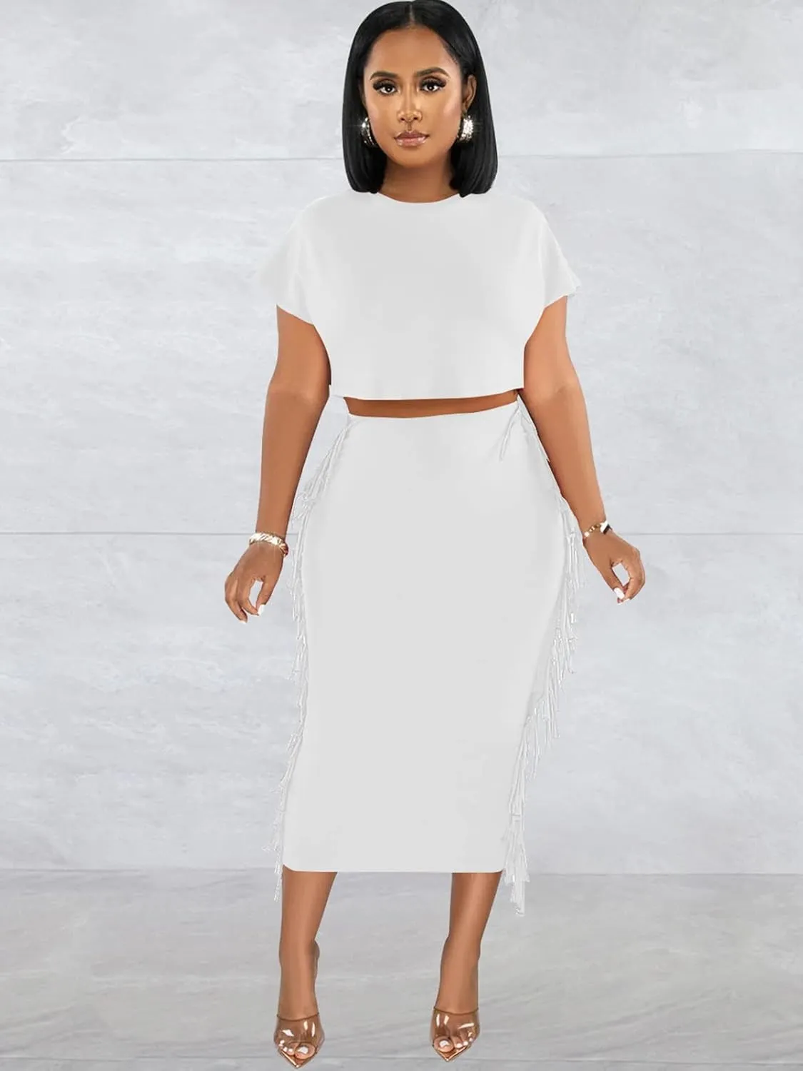 Sexy Summer Two Piece Outfits for Women Bodycon Club Dresses Tassel Ruched Crop Tops Cocktail Party Midi Skirt Set