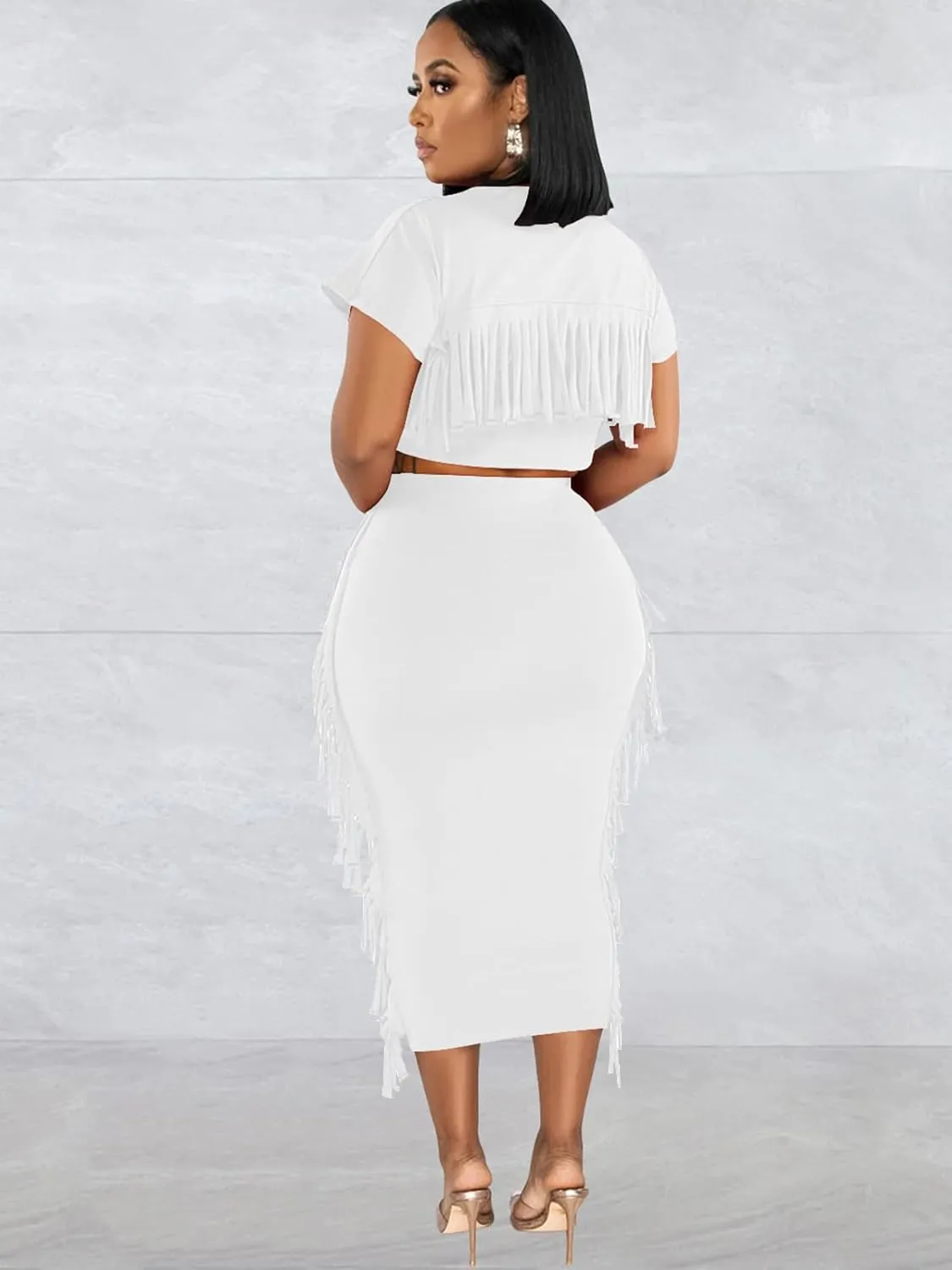 Sexy Summer Two Piece Outfits for Women Bodycon Club Dresses Tassel Ruched Crop Tops Cocktail Party Midi Skirt Set