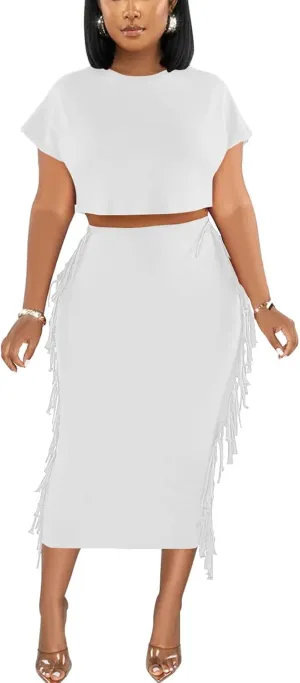 Sexy Summer Two Piece Outfits for Women Bodycon Club Dresses Tassel Ruched Crop Tops Cocktail Party Midi Skirt Set