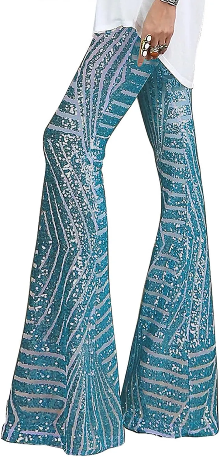 Shiny Metallic Flare Pants for Womens Sexy 70s Sequins Yoga Pants High Waist Bell Bottom Trousers Wide Leg Leggings