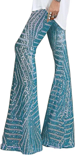 Shiny Metallic Flare Pants for Womens Sexy 70s Sequins Yoga Pants High Waist Bell Bottom Trousers Wide Leg Leggings