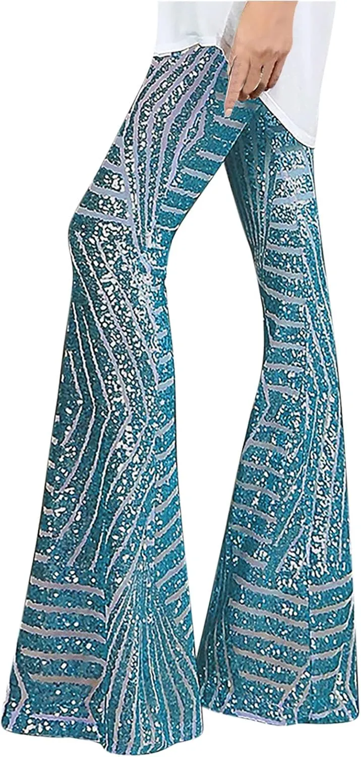Shiny Metallic Flare Pants for Womens Sexy 70s Sequins Yoga Pants High Waist Bell Bottom Trousers Wide Leg Leggings