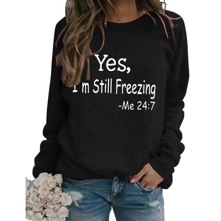 Simple Round Neck Tops Long Sleeve YES I'M Print Loose Sweatshirt