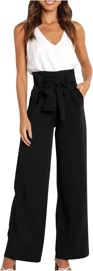 SMIDOW Womens High Waist Wide Leg Pants Paper Bag Business Casual Dress Pant Palazzo Long Work Trousers with Pockets