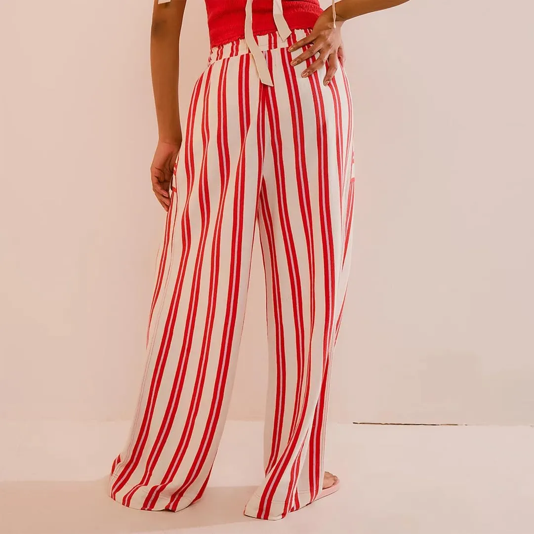 SOLILOQUY Women Boho Wide Leg Beach Pants Drawstring Elastic Waist Wide Leg Flowy Striped Pants Lounge Pants with Pockets