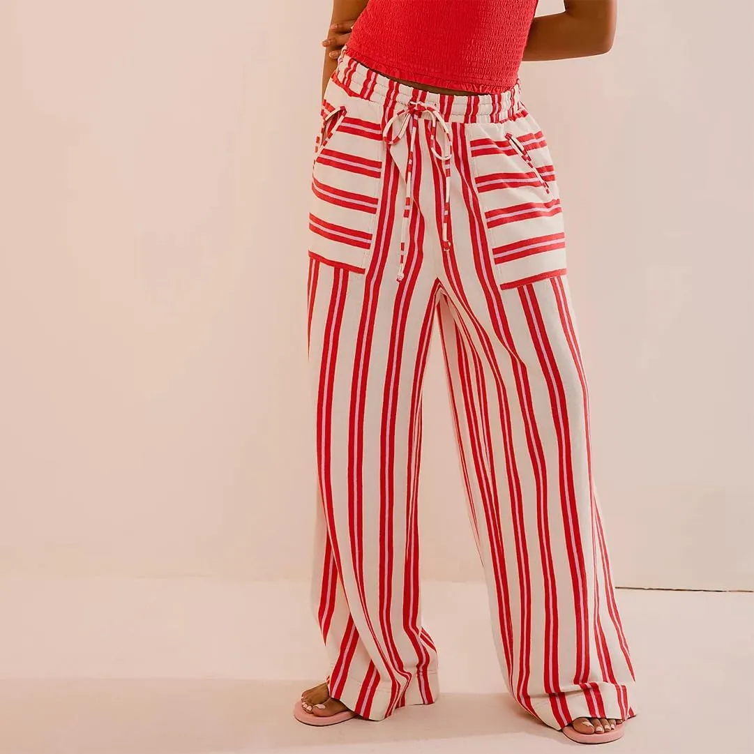 SOLILOQUY Women Boho Wide Leg Beach Pants Drawstring Elastic Waist Wide Leg Flowy Striped Pants Lounge Pants with Pockets