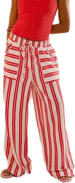 SOLILOQUY Women Boho Wide Leg Beach Pants Drawstring Elastic Waist Wide Leg Flowy Striped Pants Lounge Pants with Pockets