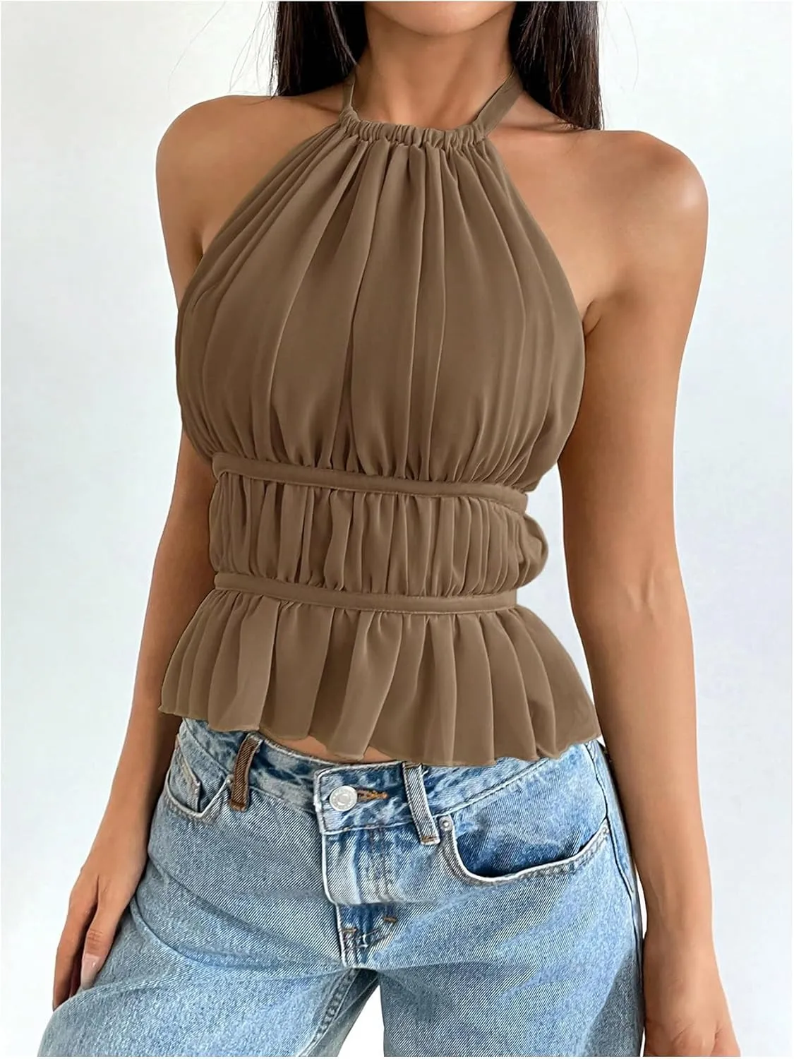 SOLY HUX Women's Ruffle Halter Neck Camisole Sleeveless Open Back Cute Party Going Out Tops