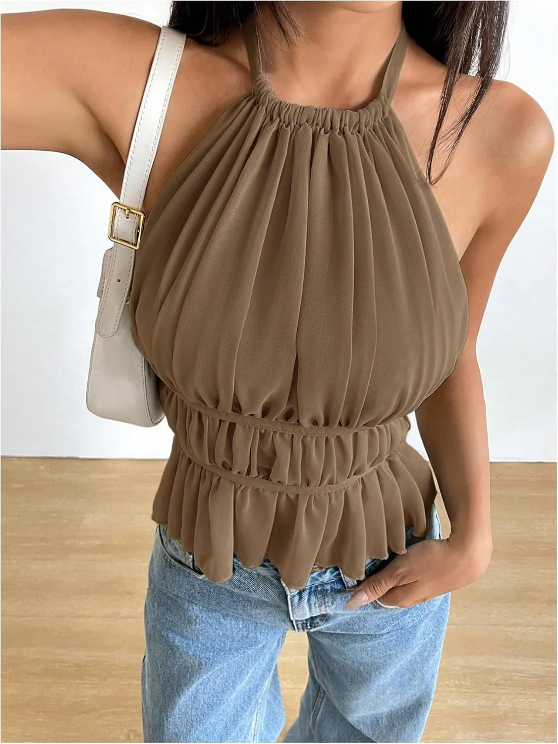 SOLY HUX Women's Ruffle Halter Neck Camisole Sleeveless Open Back Cute Party Going Out Tops