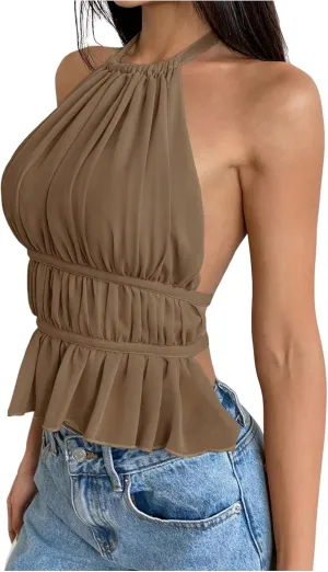 SOLY HUX Women's Ruffle Halter Neck Camisole Sleeveless Open Back Cute Party Going Out Tops
