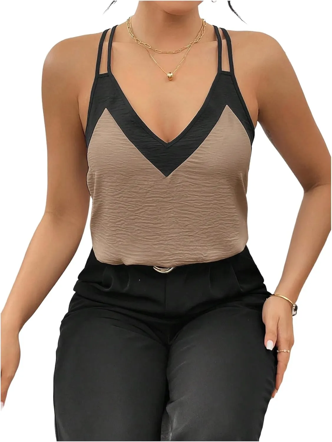 SOLY HUX Women's Sexy V Neck Cami Tops Color Block Spaghetti Strap Casual Summer Camisole