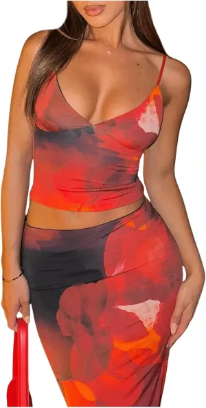 SOLY HUX Women's Skirt Sets 2 Piece Outfits Tie Dye Cami Tops and Bodycon Long Skirt Set