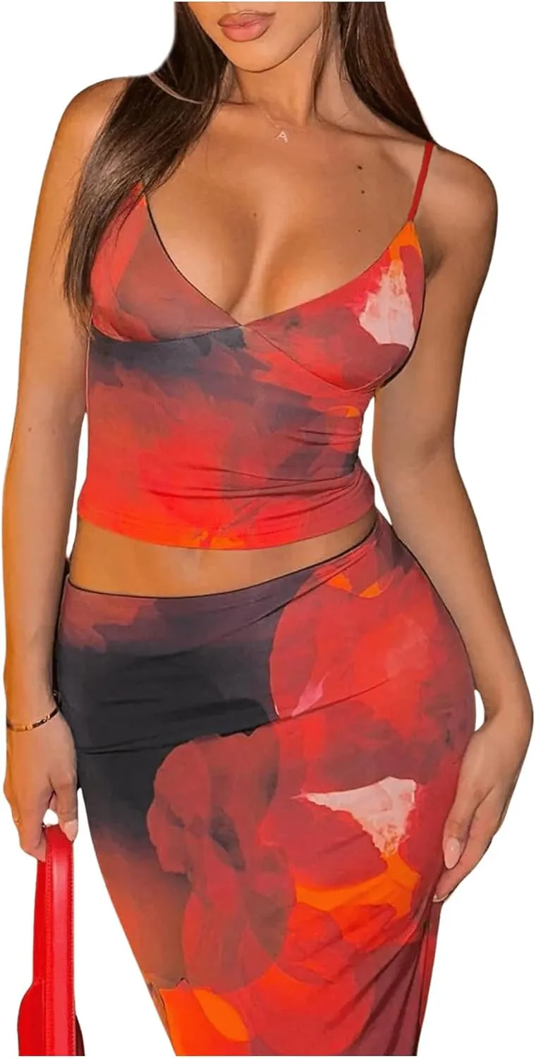 SOLY HUX Women's Skirt Sets 2 Piece Outfits Tie Dye Cami Tops and Bodycon Long Skirt Set