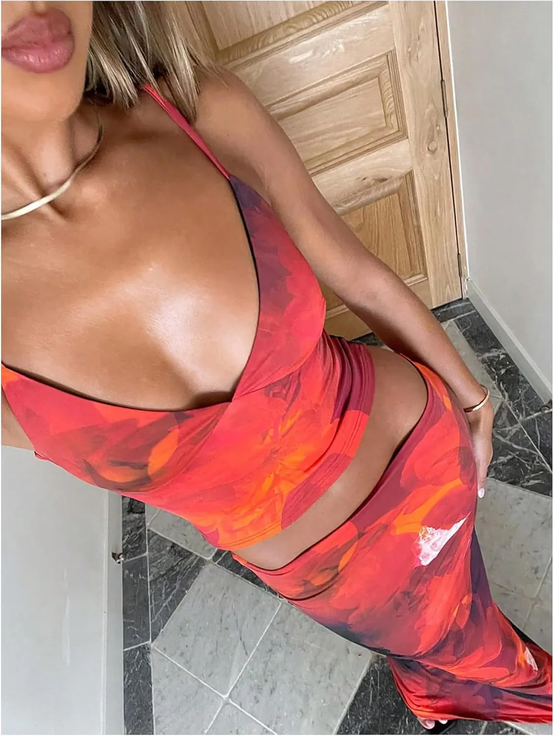 SOLY HUX Women's Skirt Sets 2 Piece Outfits Tie Dye Cami Tops and Bodycon Long Skirt Set