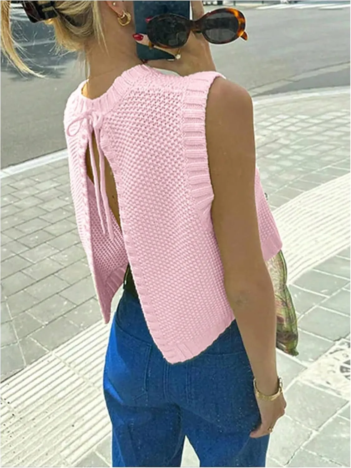 SOLY HUX Women's Tie Open Back Sweater Vest Crew Neck Sleeveless Backless Knit Tank Tops