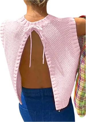 SOLY HUX Women's Tie Open Back Sweater Vest Crew Neck Sleeveless Backless Knit Tank Tops