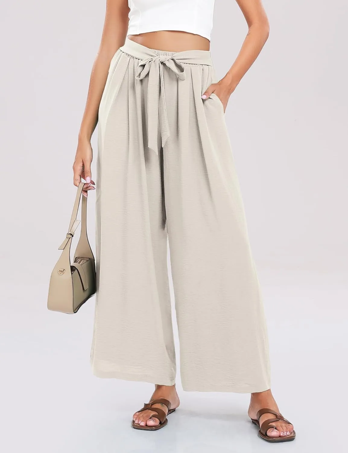 Summe Wide Leg Dress Pants for Women High Waisted Palazzo Casual Work Pants Beach Trousers with Pocket