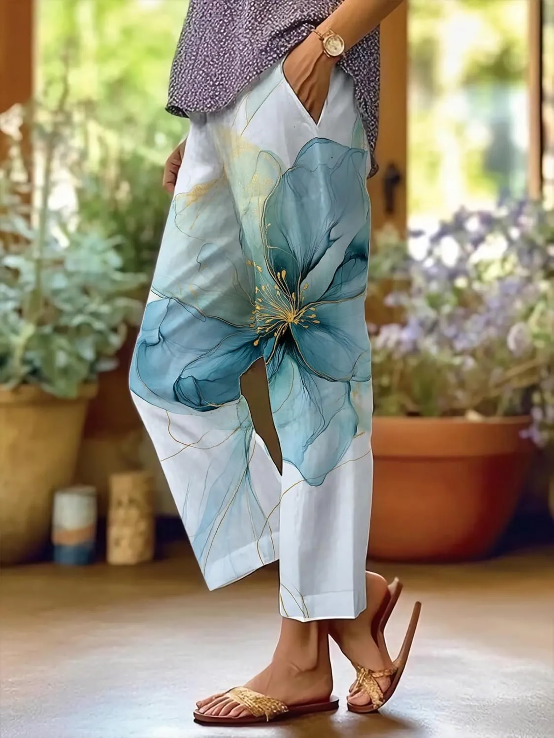 Summer Linen Pants for Women Casual Wide Leg Pants Plus Size Palazzo Pants Drawstring Elastic Waist Boho Pants