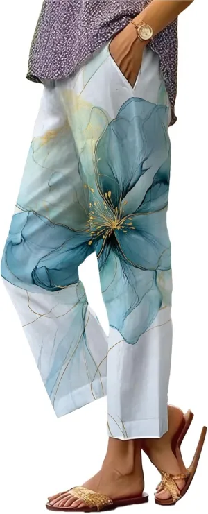 Summer Linen Pants for Women Casual Wide Leg Pants Plus Size Palazzo Pants Drawstring Elastic Waist Boho Pants