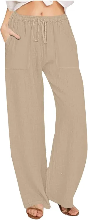 Summer Linen Pants for Women Trendy 2025 High Waisted Drawstring Lounge Trousers Flowy Boho Beach Pant Vacation Outfits