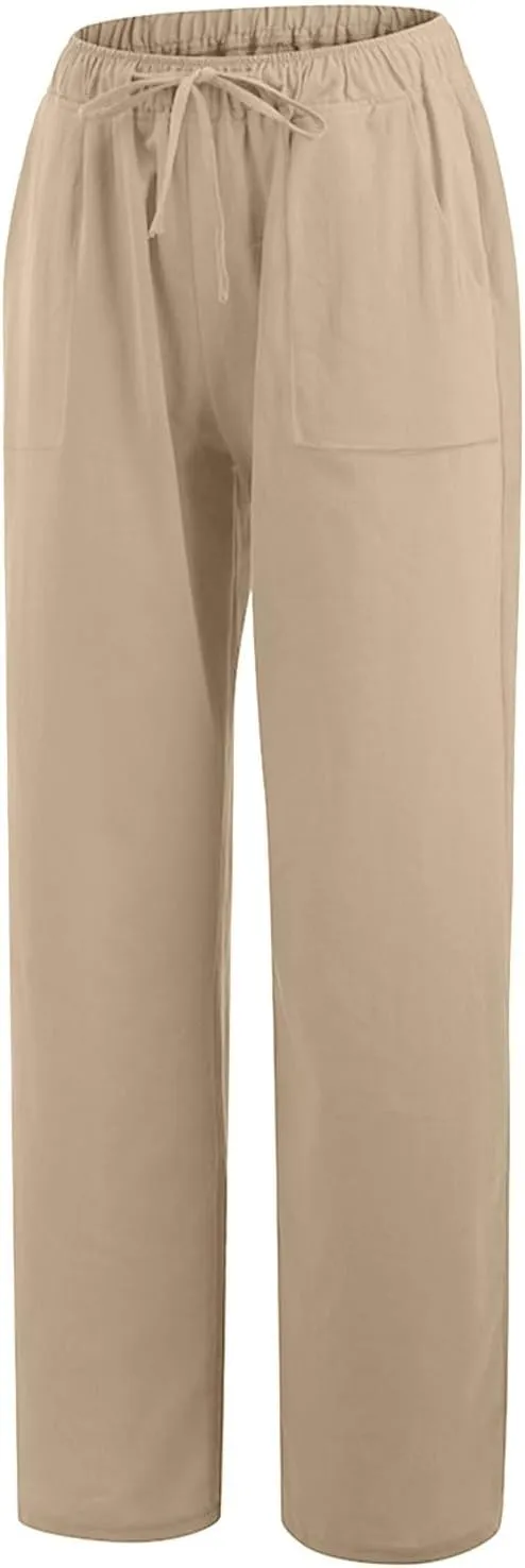 Summer Linen Pants for Women Trendy 2025 High Waisted Drawstring Lounge Trousers Flowy Boho Beach Pant Vacation Outfits