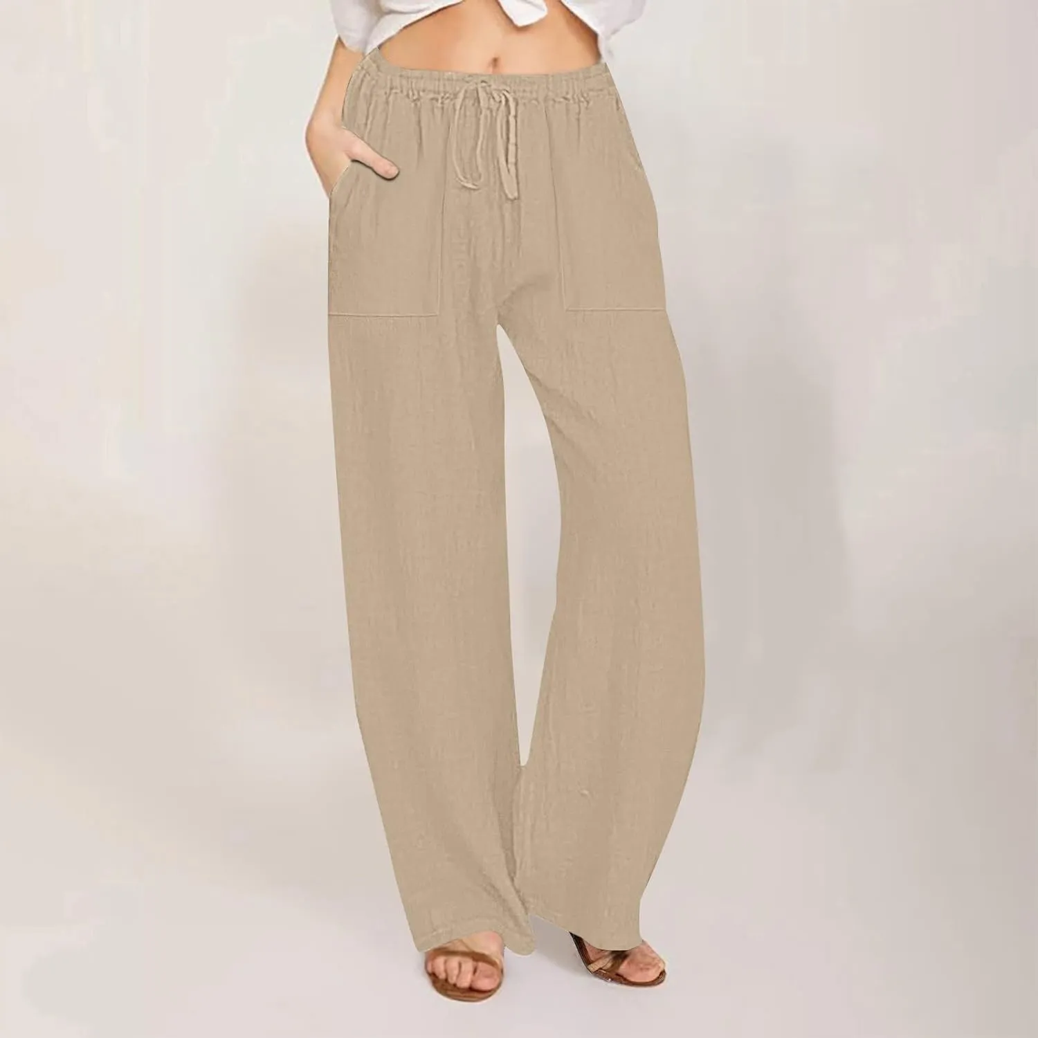 Summer Linen Pants for Women Trendy 2025 High Waisted Drawstring Lounge Trousers Flowy Boho Beach Pant Vacation Outfits