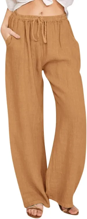 Summer Linen Wide Leg Pants for Women Casual High Waisted Palazzo Pants Loose Lightweight Beach Pants with Pockets