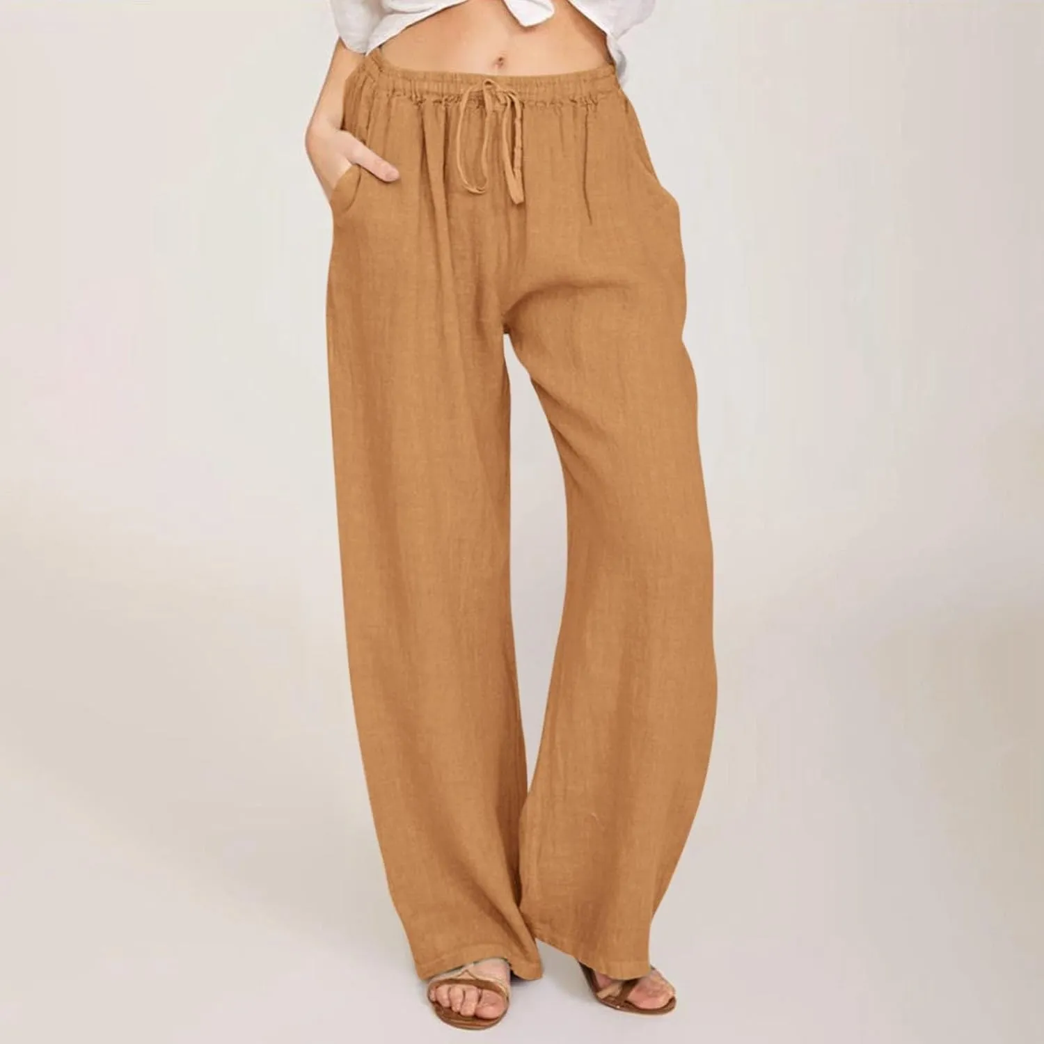 Summer Linen Wide Leg Pants for Women Casual High Waisted Palazzo Pants Loose Lightweight Beach Pants with Pockets