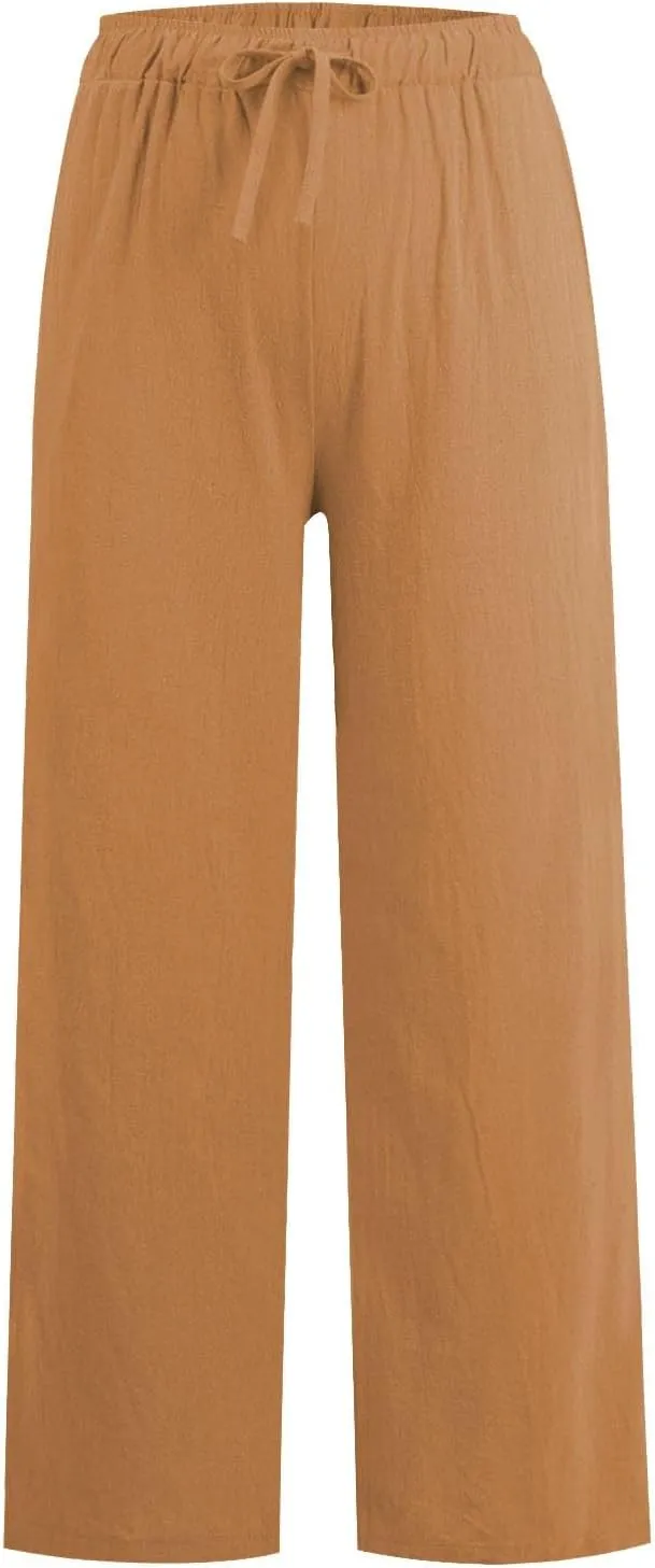 Summer Linen Wide Leg Pants for Women Casual High Waisted Palazzo Pants Loose Lightweight Beach Pants with Pockets