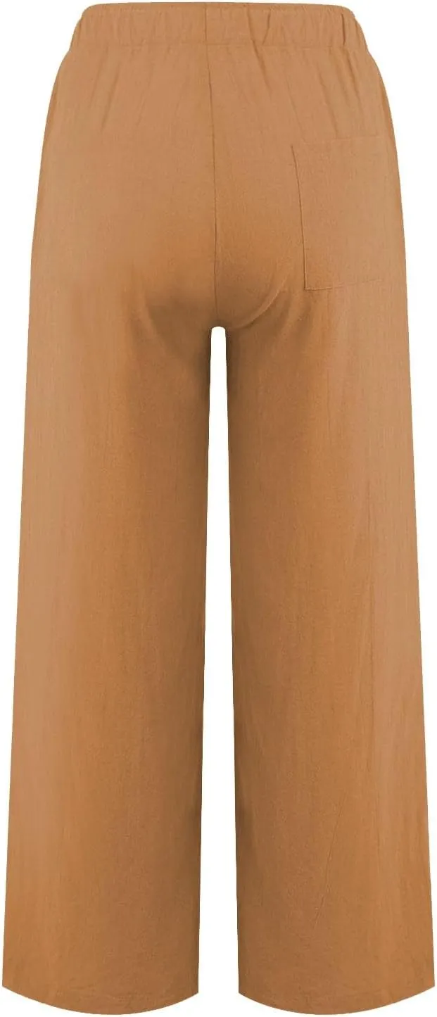 Summer Linen Wide Leg Pants for Women Casual High Waisted Palazzo Pants Loose Lightweight Beach Pants with Pockets