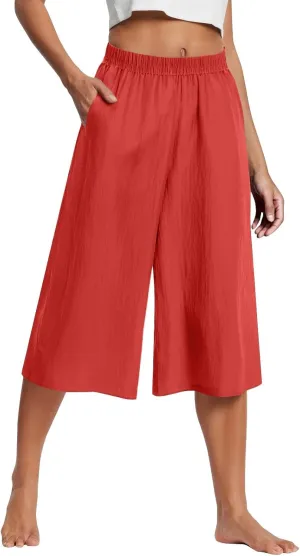 Summer Pants for Women 2025 Plus Size Cotton Linen Pants Loose Fit High Waisted Wide Leg Cropped Pants with Pockets