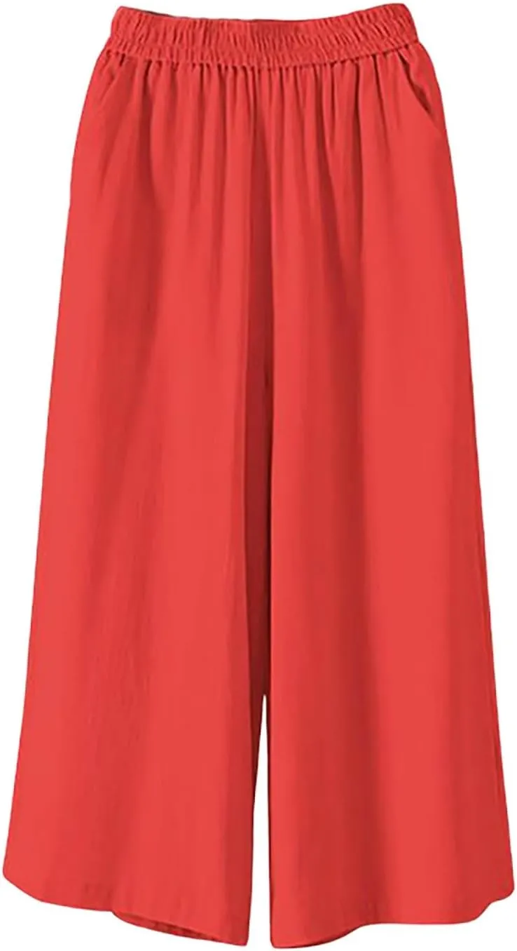 Summer Pants for Women 2025 Plus Size Cotton Linen Pants Loose Fit High Waisted Wide Leg Cropped Pants with Pockets