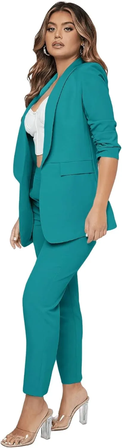 SweatyRocks Women's 2 Piece Solid Ruched Sleeve Blazer and Pants Business Office Suit Set