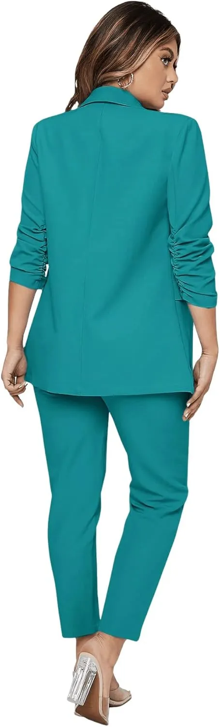 SweatyRocks Women's 2 Piece Solid Ruched Sleeve Blazer and Pants Business Office Suit Set