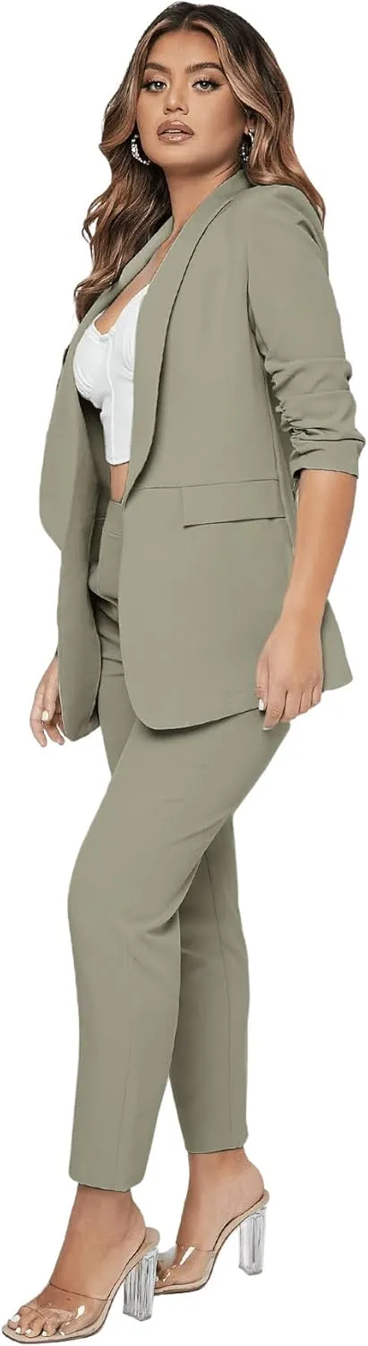 SweatyRocks Women's 2 Piece Solid Ruched Sleeve Blazer and Pants Business Office Suit Set