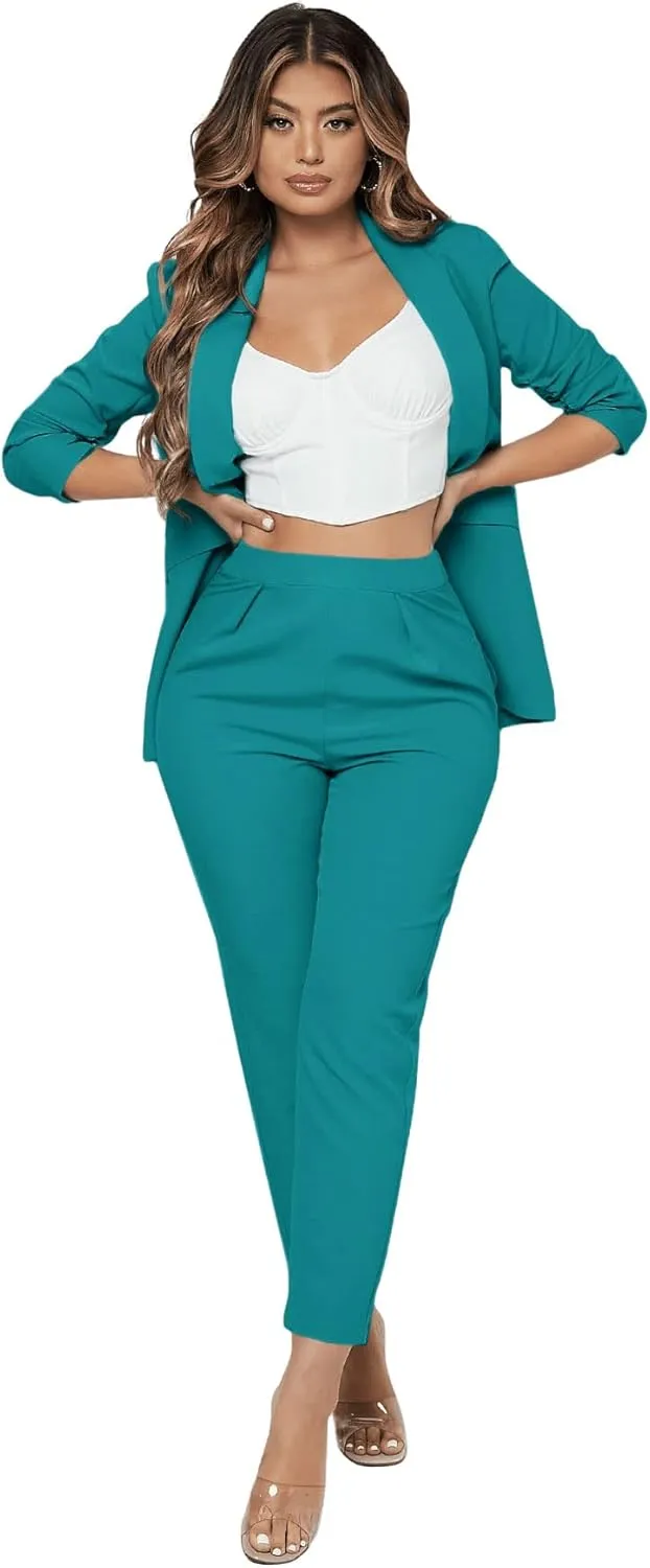 SweatyRocks Women's 2 Piece Solid Ruched Sleeve Blazer and Pants Business Office Suit Set